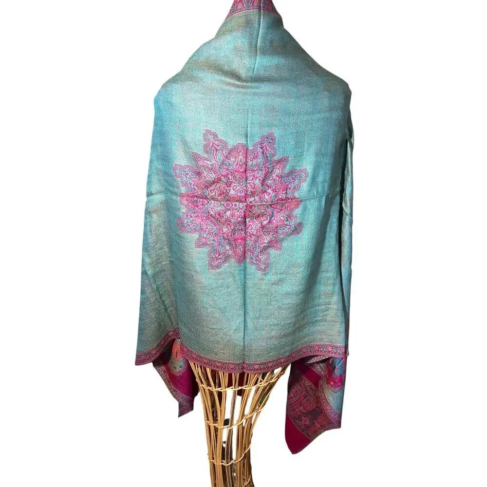 100 % Cashmere Pashmina Reversible Teal and Pink Butterflies and Medallion NWT